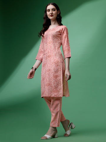 Peach Magic Rayon Round Neck A-Line Kurti with Pant