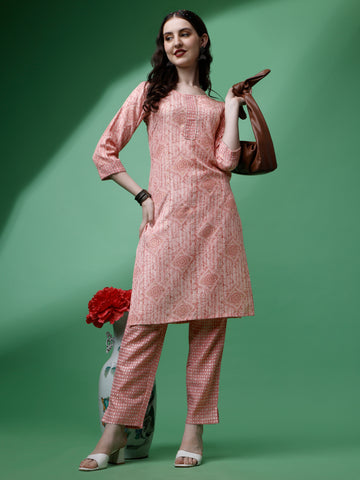 Peach Magic Rayon Round Neck A-Line Kurti with Pant