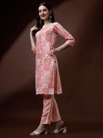 Peach Magic Rayon Round Neck A-Line Kurti with Pant