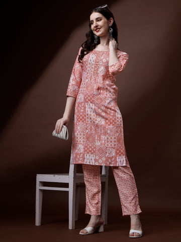 Peach Magic Rayon Round Neck A-Line Kurti with Pant