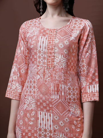 Peach Magic Rayon Round Neck A-Line Kurti with Pant