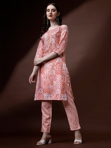 Peach Magic Rayon Round Neck A-Line Kurti with Pant