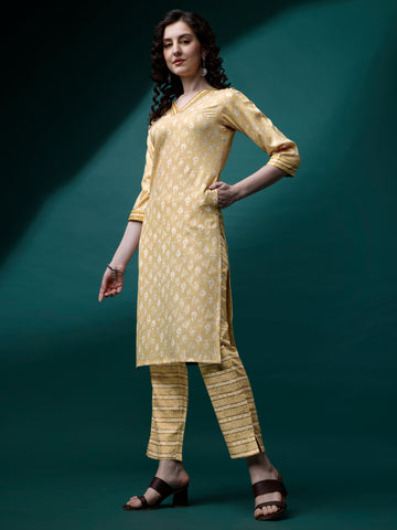 Yellow Magic Rayon V-Neck A-Line Kurti with Pant