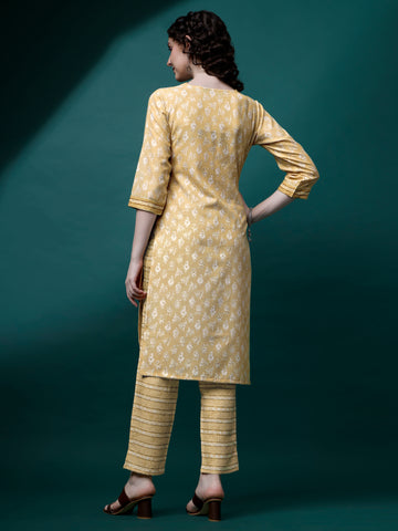 Yellow Magic Rayon V-Neck A-Line Kurti with Pant