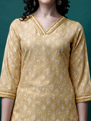 Yellow Magic Rayon V-Neck A-Line Kurti with Pant