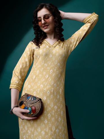 Yellow Magic Rayon V-Neck A-Line Kurti with Pant