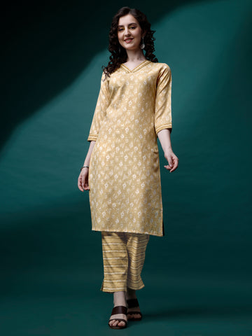 Yellow Magic Rayon V-Neck A-Line Kurti with Pant