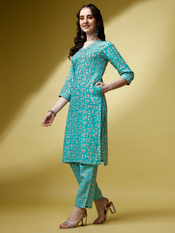 Sky Blue Magic Rayon V-Neck A-Line Kurti with Pant