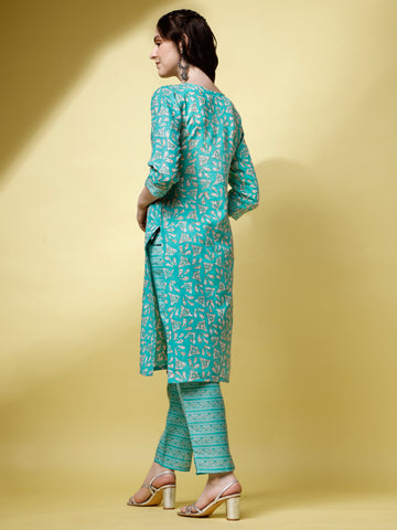 Sky Blue Magic Rayon V-Neck A-Line Kurti with Pant