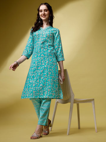 Sky Blue Magic Rayon V-Neck A-Line Kurti with Pant