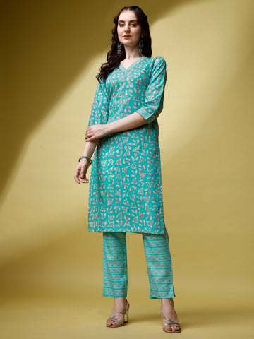 Sky Blue Magic Rayon V-Neck A-Line Kurti with Pant