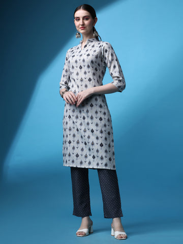 Grey Magic Rayon Collar Neck A-Line Kurti with Pant