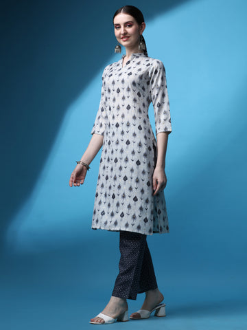 Grey Magic Rayon Collar Neck A-Line Kurti with Pant