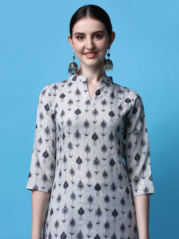 Grey Magic Rayon Collar Neck A-Line Kurti with Pant