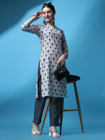 Grey Magic Rayon Collar Neck A-Line Kurti with Pant