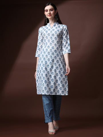 White Magic Rayon Collar Neck A-Line Kurti with Pant