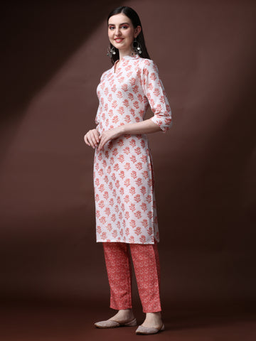 Peach Magic Rayon Collar Neck A-Line Kurti with Pant