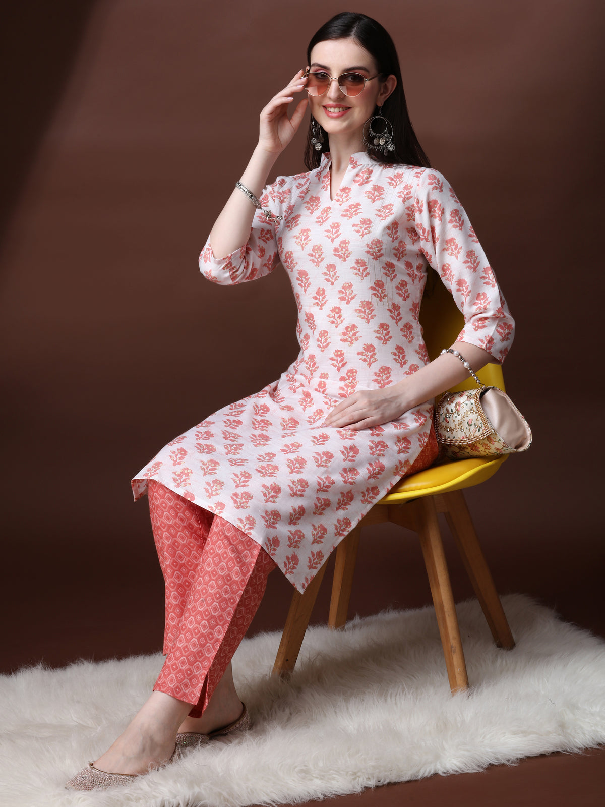 Peach Magic Rayon Collar Neck A-Line Kurti with Pant