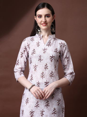 Off White Magic Rayon Collar Neck A-Line Kurti with Pant