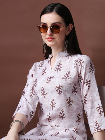 Off White Magic Rayon Collar Neck A-Line Kurti with Pant