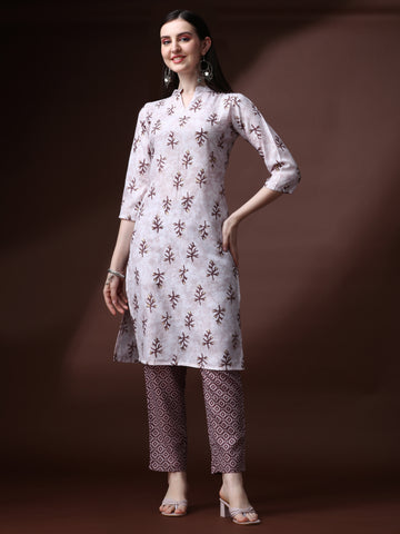 Off White Magic Rayon Collar Neck A-Line Kurti with Pant