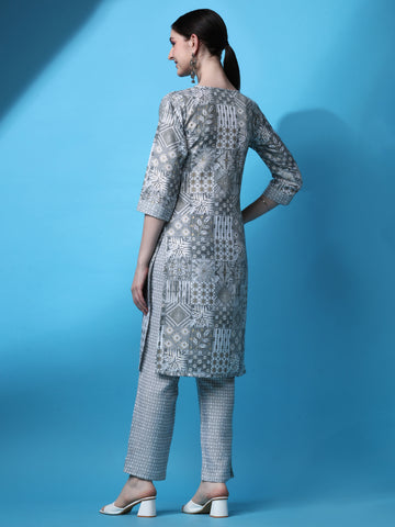 Grey Magic Rayon Round Neck A-Line Kurti with Pant