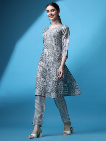 Grey Magic Rayon Round Neck A-Line Kurti with Pant