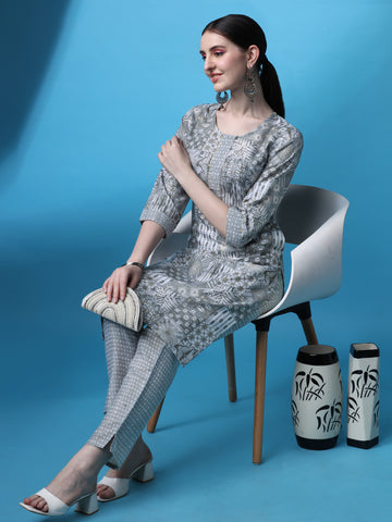 Grey Magic Rayon Round Neck A-Line Kurti with Pant