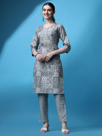 Grey Magic Rayon Round Neck A-Line Kurti with Pant