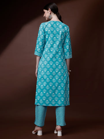 Sky Blue Cotton Round Neck A-Line Kurti with Pant