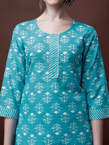 Sky Blue Cotton Round Neck A-Line Kurti with Pant