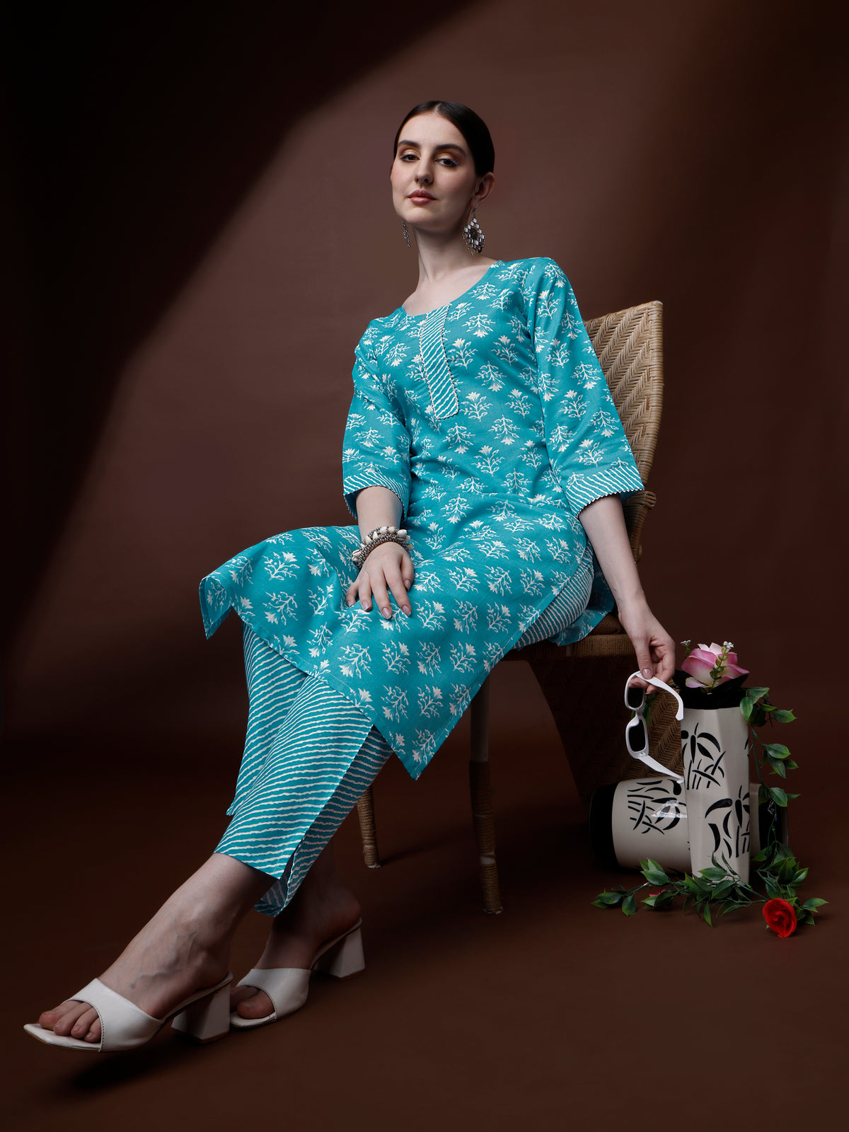 Sky Blue Cotton Round Neck A-Line Kurti with Pant