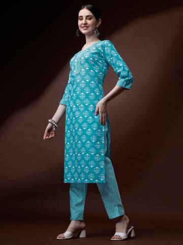 Sky Blue Cotton Round Neck A-Line Kurti with Pant