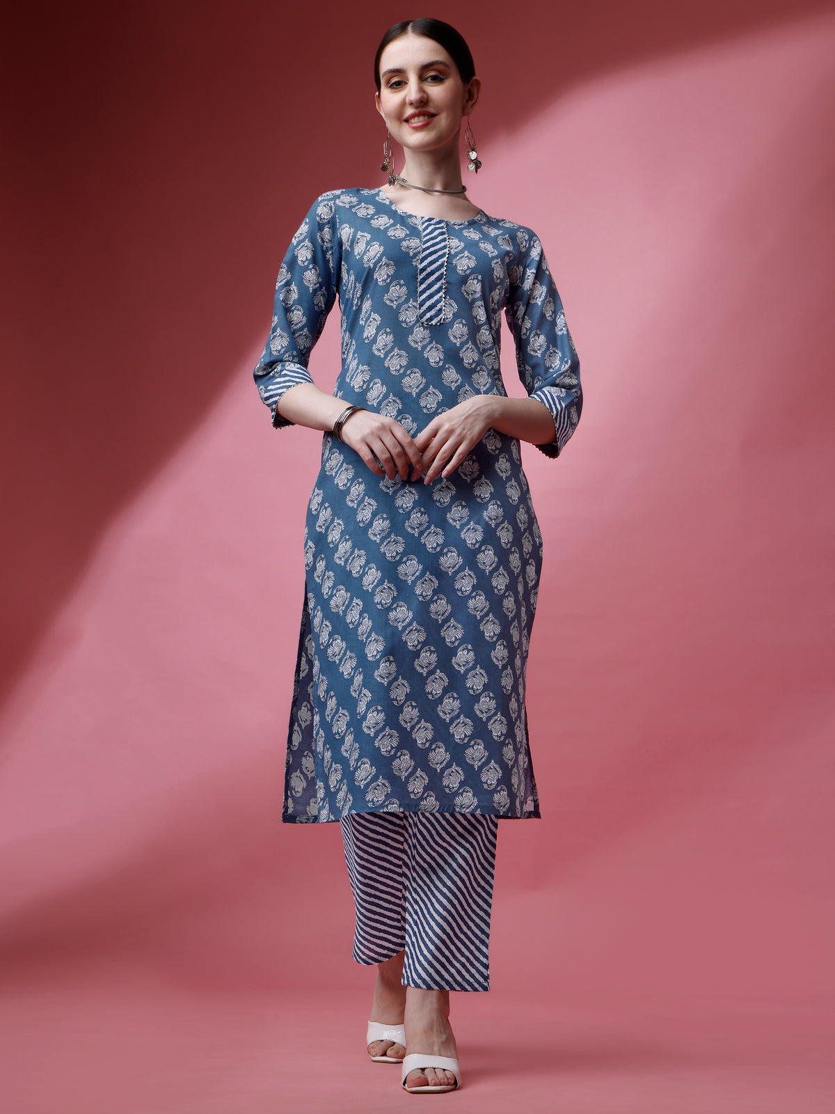 Grey Cotton Round Neck A-Line Kurti with Pant