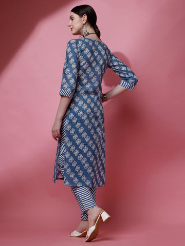 Grey Cotton Round Neck A-Line Kurti with Pant