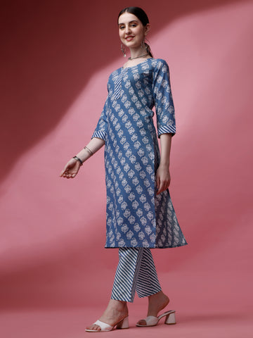 Grey Cotton Round Neck A-Line Kurti with Pant