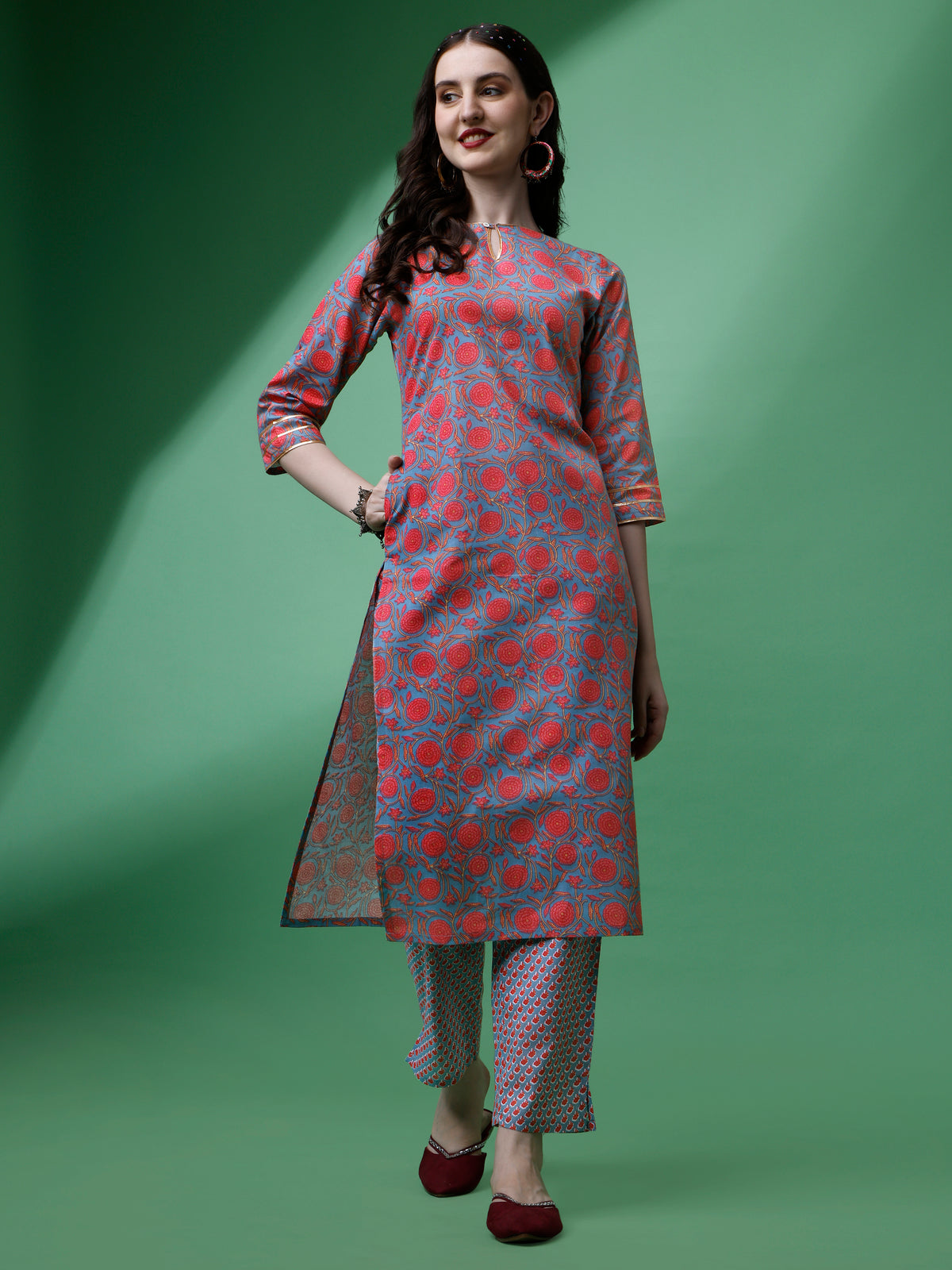 Grey Cotton Keyhole Neck A-Line Kurti with Pant