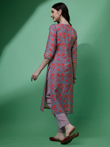 Grey Cotton Keyhole Neck A-Line Kurti with Pant