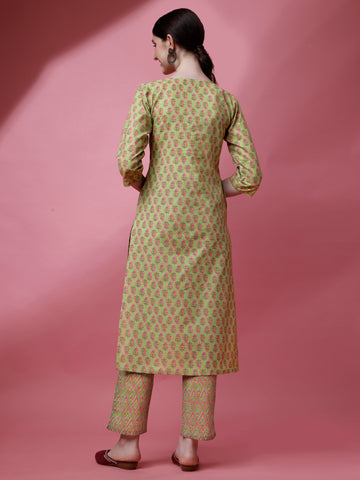 Mint Green Cotton Keyhole Neck A-Line Kurti with Pant