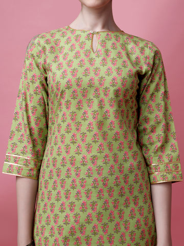 Mint Green Cotton Keyhole Neck A-Line Kurti with Pant