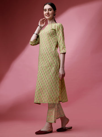 Mint Green Cotton Keyhole Neck A-Line Kurti with Pant