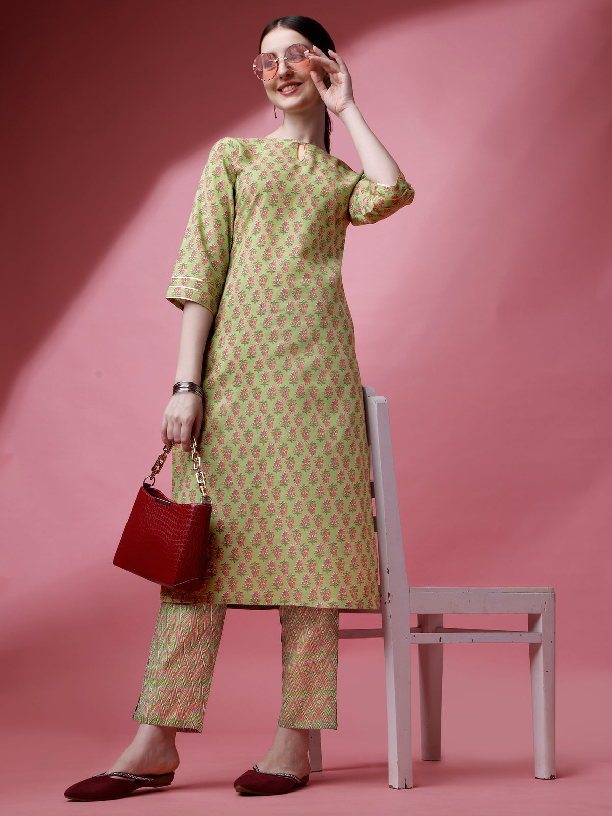 Mint Green Cotton Keyhole Neck A-Line Kurti with Pant