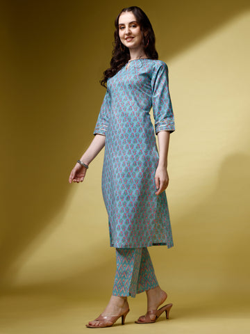 Sky Blue Cotton Keyhole Neck A-Line Kurti with Pant