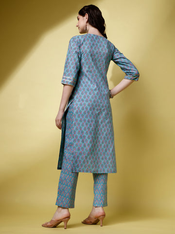 Sky Blue Cotton Keyhole Neck A-Line Kurti with Pant