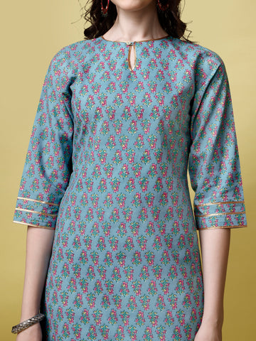 Sky Blue Cotton Keyhole Neck A-Line Kurti with Pant