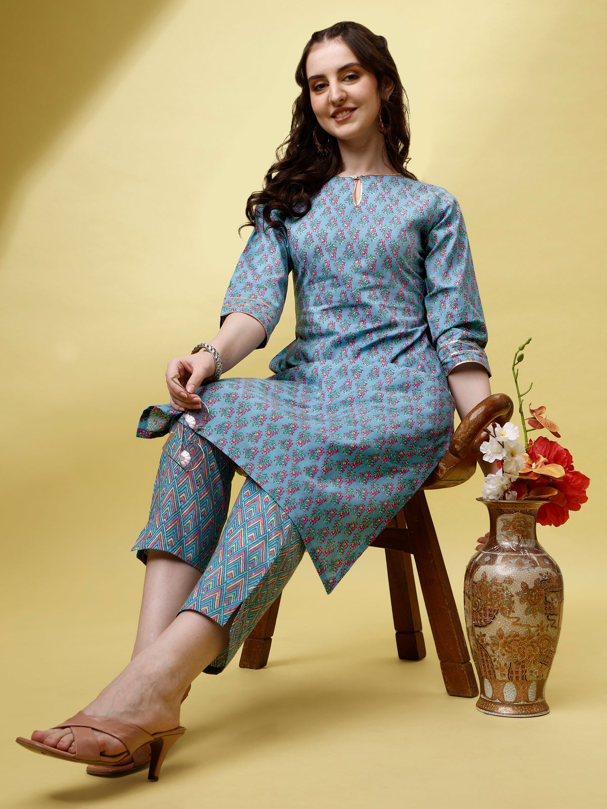 Sky Blue Cotton Keyhole Neck A-Line Kurti with Pant