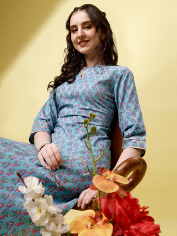 Sky Blue Cotton Keyhole Neck A-Line Kurti with Pant