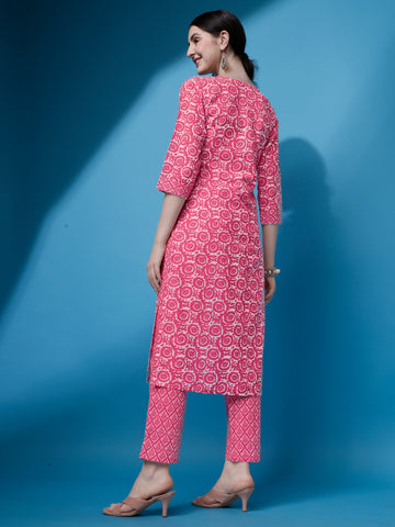 Pink Cotton Round Neck A-Line Kurti with Pant