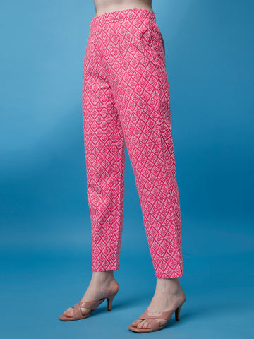 Pink Cotton Round Neck A-Line Kurti with Pant