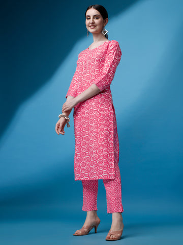 Pink Cotton Round Neck A-Line Kurti with Pant